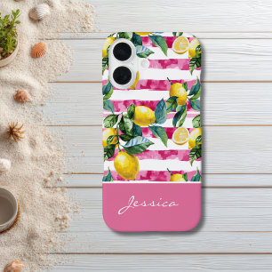Personalized Pink Stripe Lemon Pattern iPhone Case
