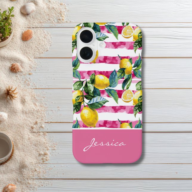 Personalized Pink Stripe Lemon Pattern iPhone Case (Creator Uploaded)