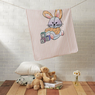 Personalized Pink Striped Nursery Art - Bunny Baby Blanket