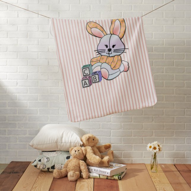 Personalized Pink Striped Nursery Art - Bunny Baby Blanket (In Situ)
