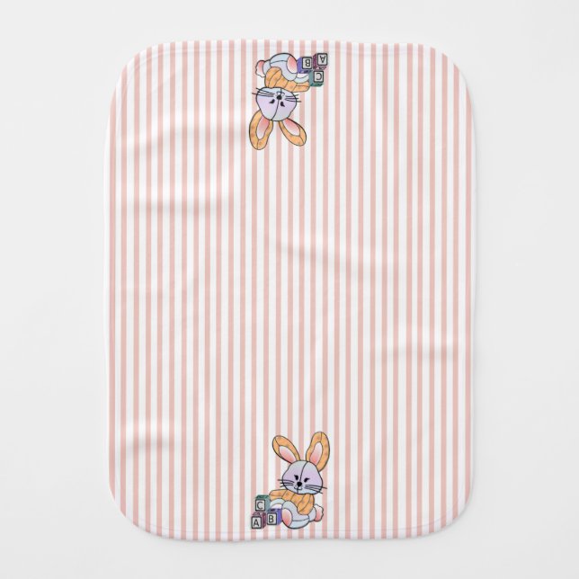 Personalized Pink Striped Nursery Art - Bunny Baby Burp Cloth (Front)