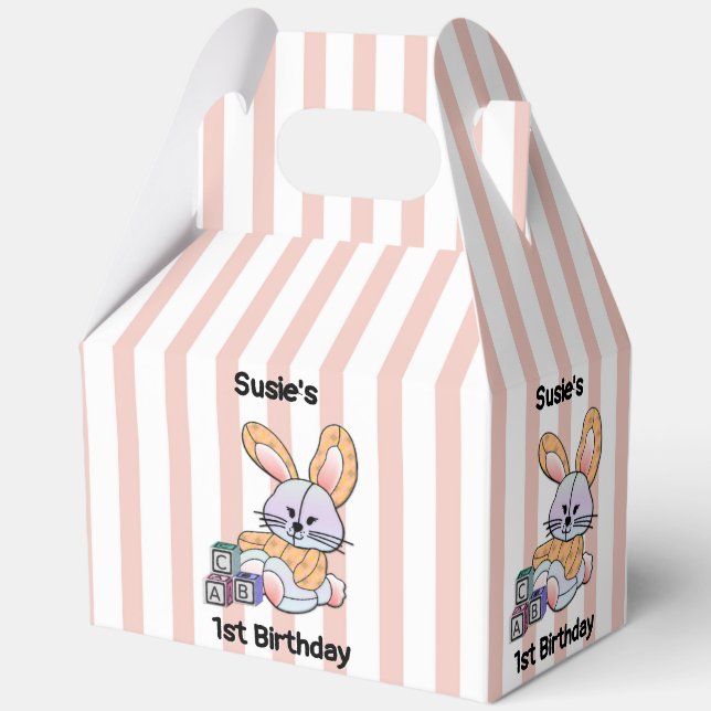 Personalized Pink Striped Nursery Art - Bunny Favor Boxes (Front)