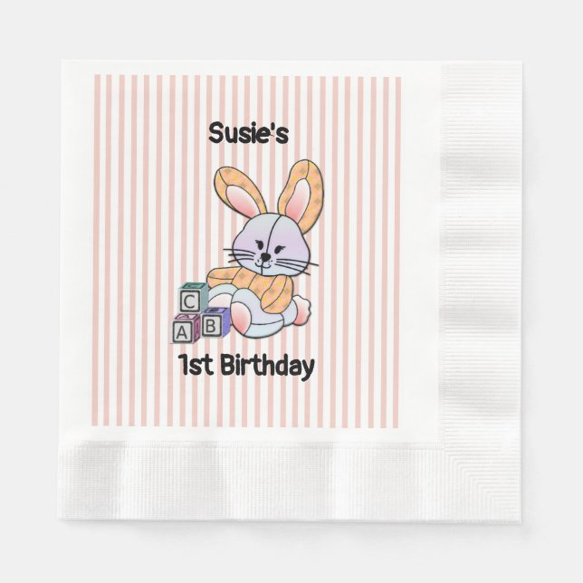 Personalized Pink Striped Nursery Art - Bunny Napkins (Front)