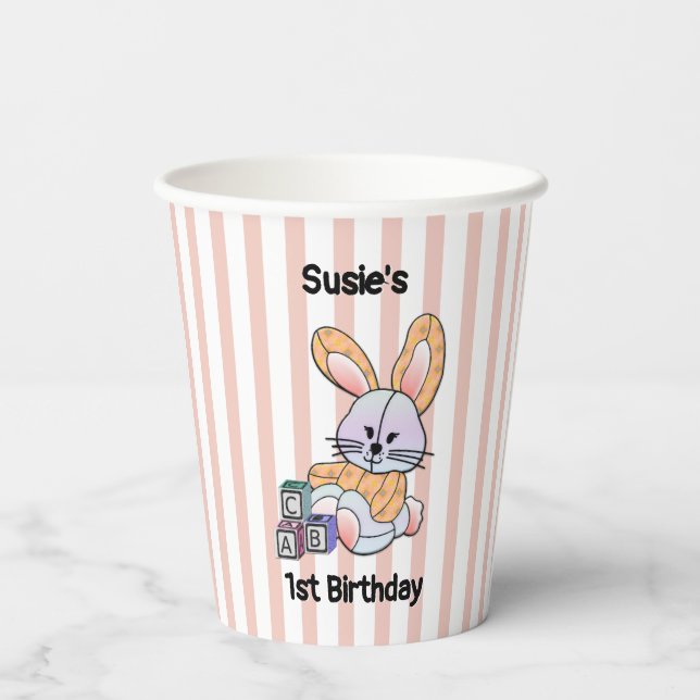 Personalized Pink Striped Nursery Art - Bunny Paper Cups (Back)