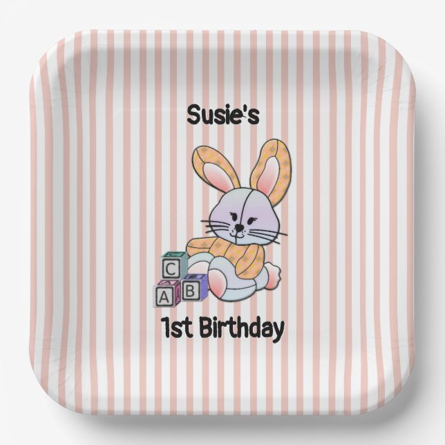Personalized Pink Striped Nursery Art - Bunny  Paper Plates (Front)
