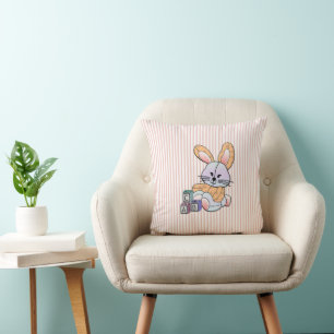 Personalized Pink Striped Nursery Art - Bunny Throw Pillow