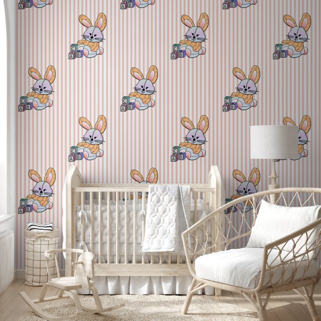 Personalized Pink Striped Nursery Art - Bunny Wallpaper (Kids)