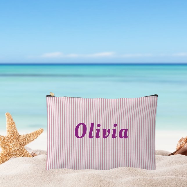 Personalized, pink striped, purple letters  accessory pouch (Creator Uploaded)