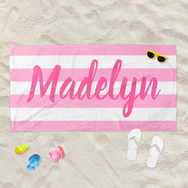 Personalized Pink Striped Script Name Beach Towel (Creator Uploaded)