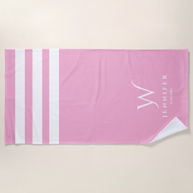 Personalized pink stripes Beach Towel (Front)