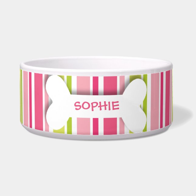 Personalized pink stripes dog bone pet food bowl (Front)