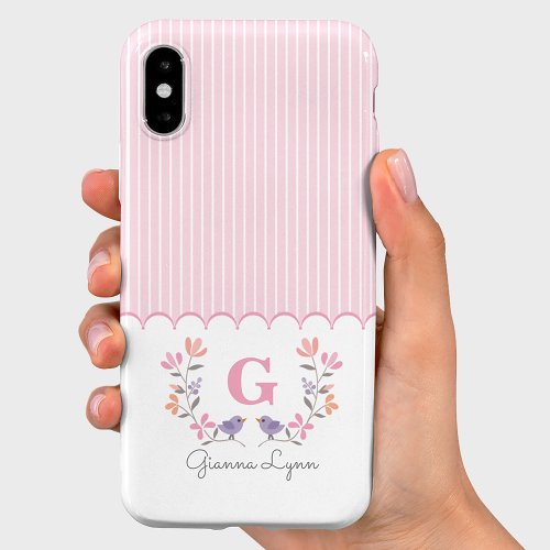 Personalized Pink Stripes Floral Monogram Case_Mate iPhone 14 Case