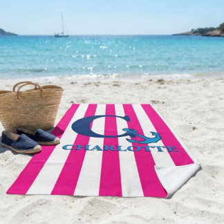 Personalized Pink Stripes Navy Blue Anchor Beach Towel