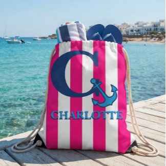 Personalized Pink Stripes Navy Blue Anchor Drawstring Bag