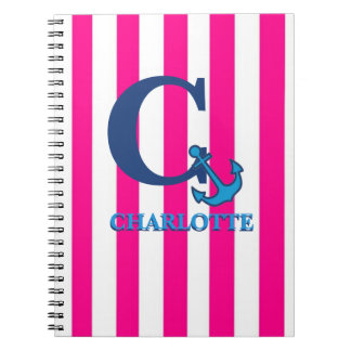 Personalized Pink Stripes Navy Blue Anchor Notebook
