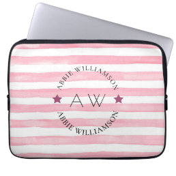 personalized pink stripes  stylish monogram laptop sleeve