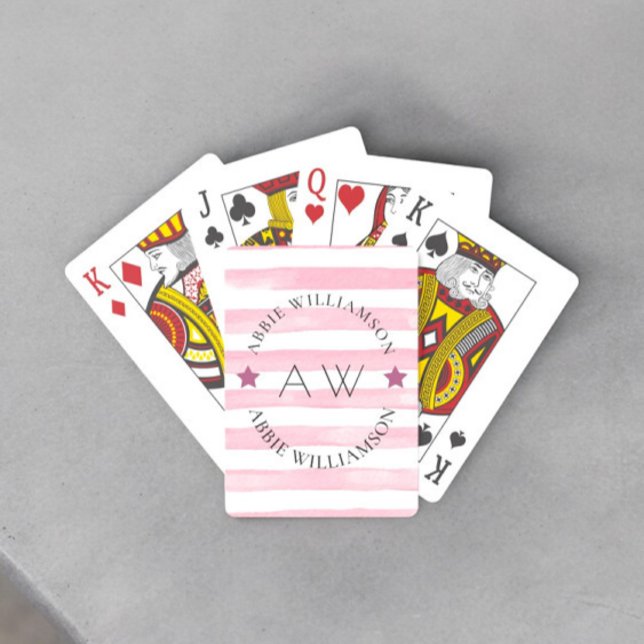 personalized pink stripes  stylish monogram poker cards (fun playing  personalized cards ideaa for family games night )