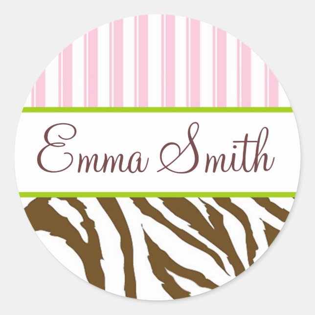 Personalized Pink Stripes & Zebra Stripes Stickers (Front)