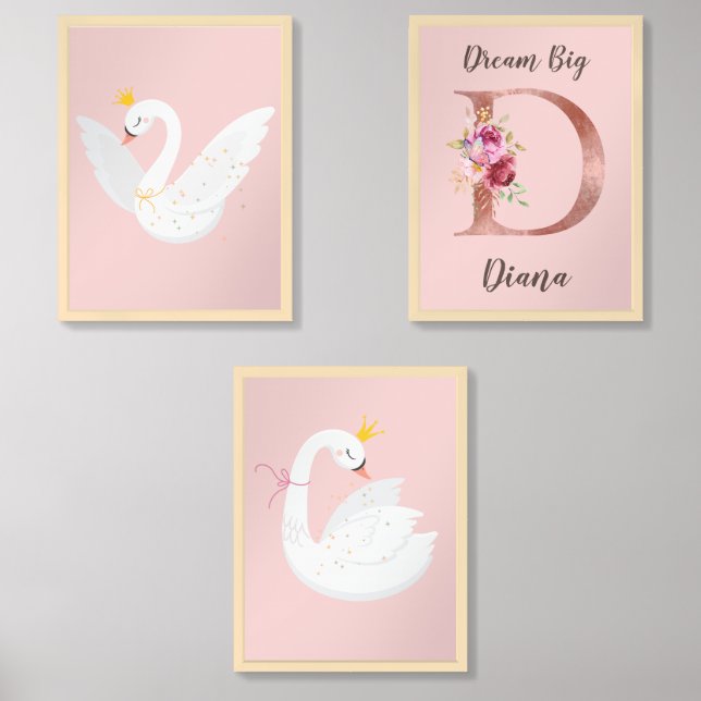 Personalized Pink Swan nursery wall art set (Front)