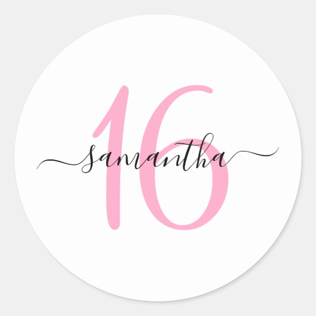 Personalized Pink Sweet 16 Classic Round Sticker (Front)