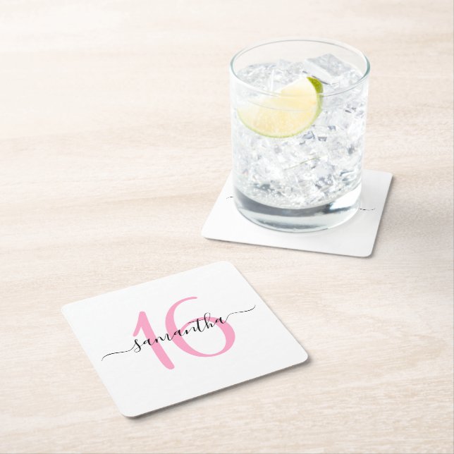 Personalized Pink Sweet 16 Square Paper Coaster (Insitu)