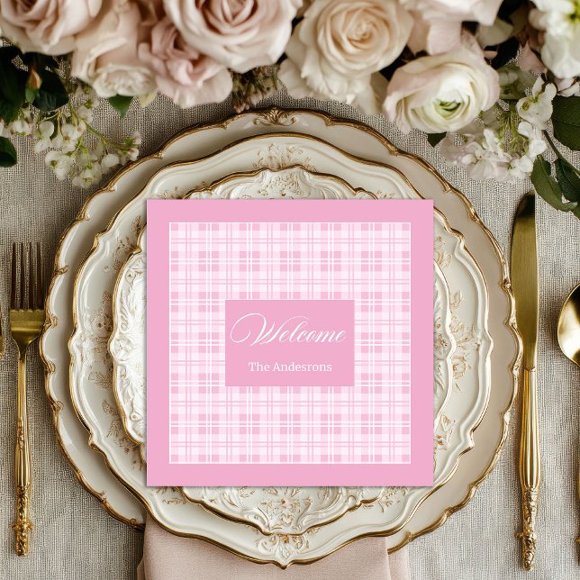 Personalized Pink Table Napkins Modern Tartan Look (Personalized Pink Table Napkins Modern Tartan Look)