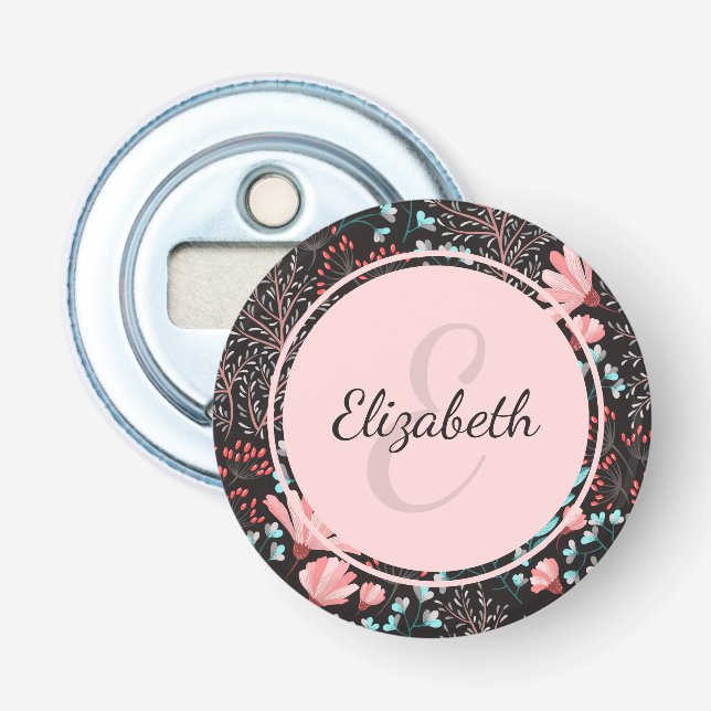 Personalized Pink & Teal Dark Floral Bottle Opener (Front)