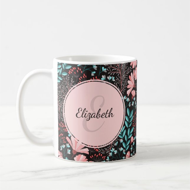 Personalized Pink & Teal Dark Floral Coffee Mug (Left)