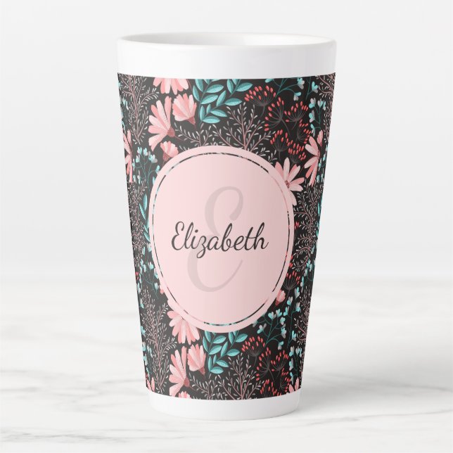 Personalized Pink & Teal Dark Floral Latte Mug (Front)