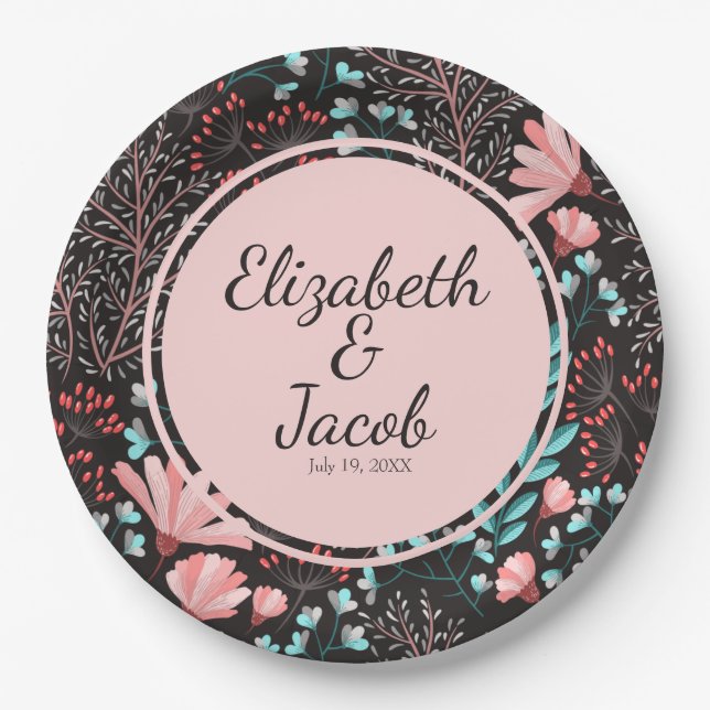 Personalized Pink & Teal Dark Floral Pattern Paper Plates (Front)