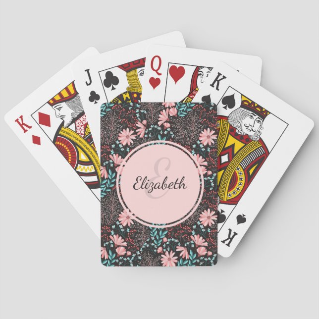 Personalized Pink & Teal Dark Floral Poker Cards (Back)