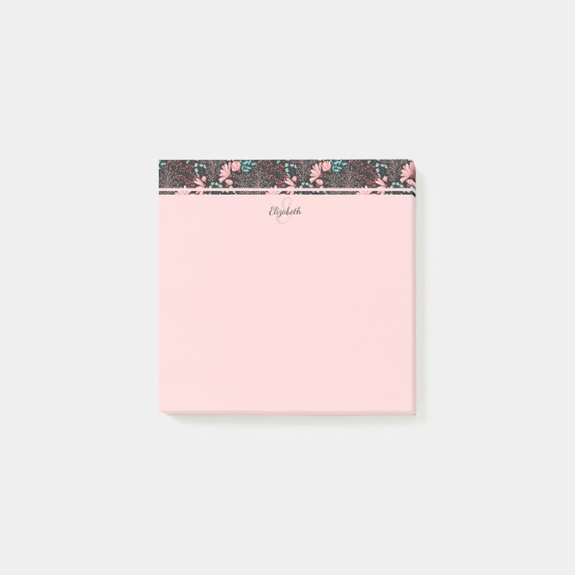 Personalized Pink & Teal Dark Floral Post-it Notes (Front)