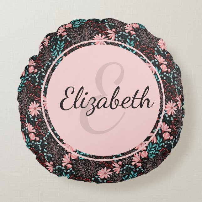 Personalized Pink & Teal Dark Floral Round Pillow (Front)
