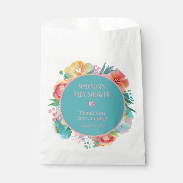 Personalized Pink Teal Floral Baby Shower Favor Bag (Front)