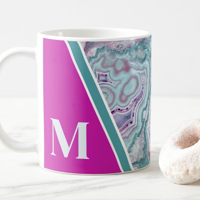 Personalized Pink Teal Monogram Initial Coffee Mug (Girly Elegant Teal Fuchsia Agate Monogram Initial Coffee Mug)