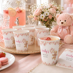 Personalized Pink Teddy Bear girl Baby Shower Paper Cups