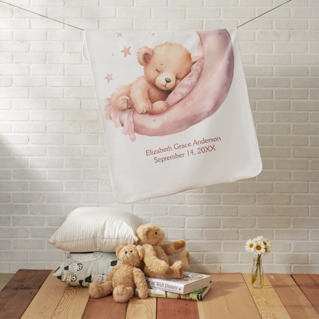 Personalized Pink Teddy Bear Sleeping Moon Girl Baby Blanket (In Situ)
