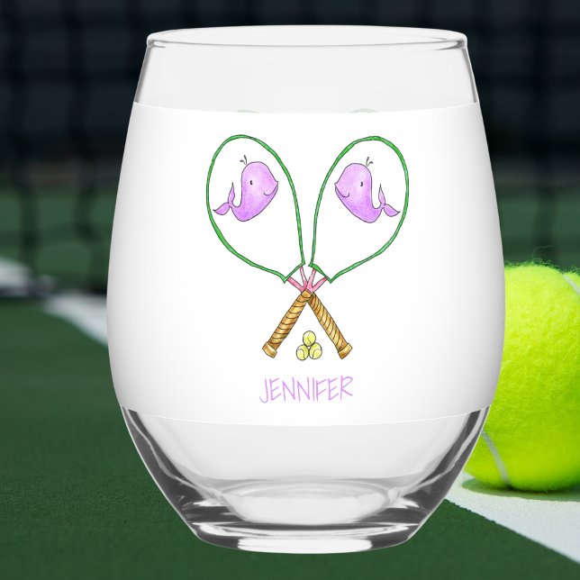 Personalized Pink Tennis Rackets with Whale Covers Stemless Wine Glass (Creator Uploaded)