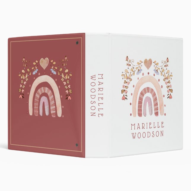 Personalized Pink Terracotta Rainbow Floral Heart 3 Ring Binder (Background)