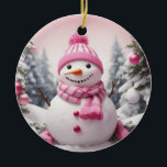 Personalized Pink Theme Christmas Snowman Ceramic Ornament<br><div class="desc">Personalized Pink Theme Christmas Snowman</div>