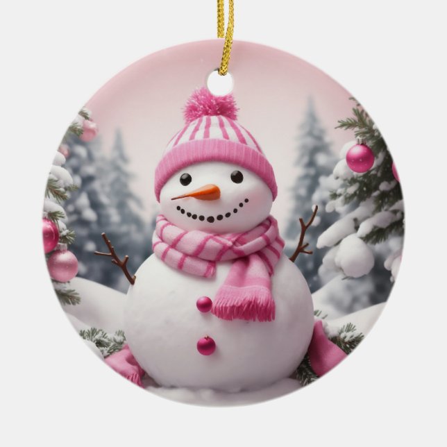 Personalized Pink Theme Christmas Snowman Ceramic Ornament (Front)