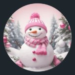 Personalized Pink Theme Christmas Snowman Classic Round Sticker<br><div class="desc">Personalized Pink Theme Christmas Snowman</div>