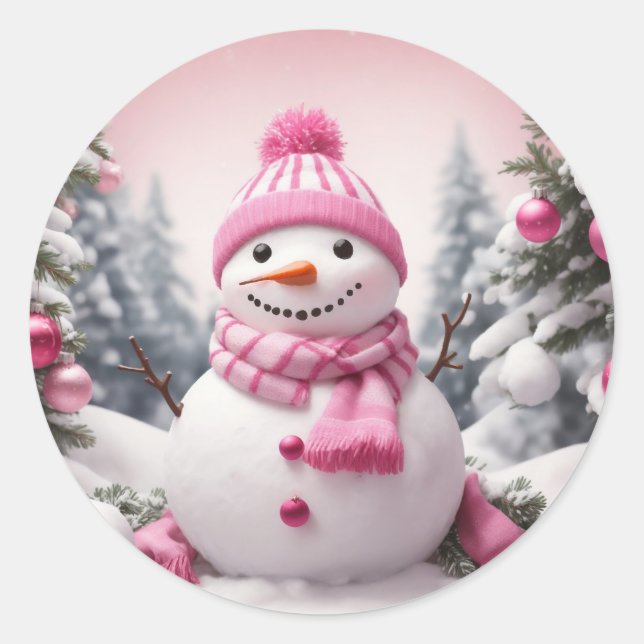 Personalized Pink Theme Christmas Snowman Classic Round Sticker (Front)