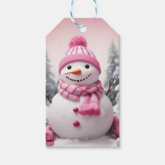 Personalized Pink Theme Christmas Snowman Gift Tags