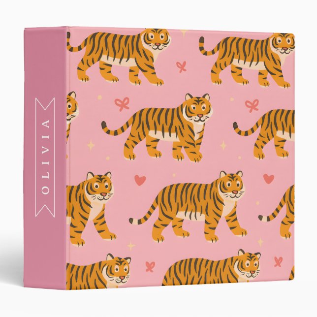 Personalized Pink Tiger Chic Edgy Fun Aesthetic 3 Ring Binder (Front/Spine)