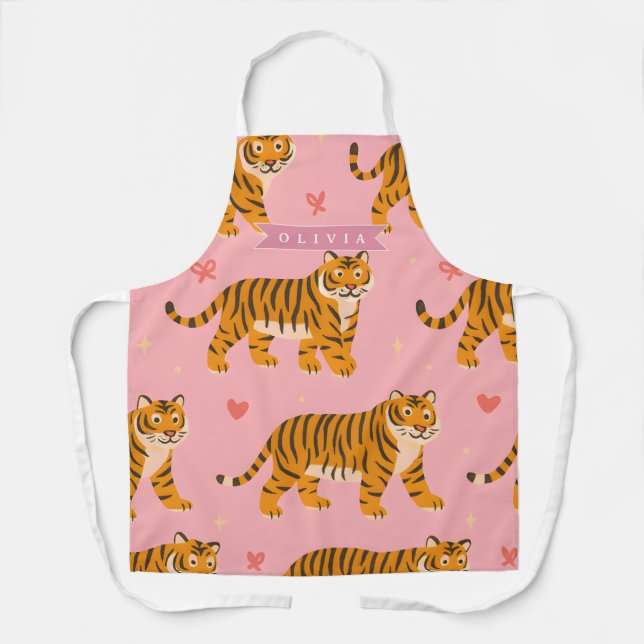Personalized Pink Tiger Chic Edgy Fun Aesthetic Apron (Front)