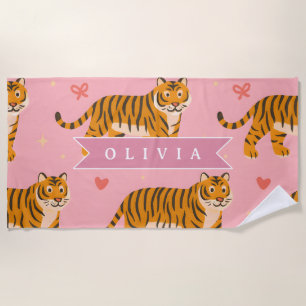 Personalized Pink Tiger Chic Edgy Fun Aesthetic Beach Towel