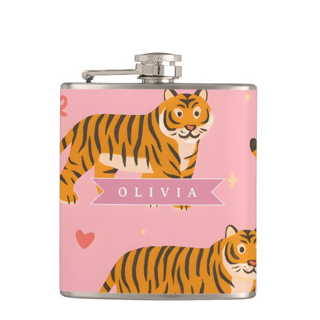 Personalized Pink Tiger Chic Edgy Fun Aesthetic Flask (Front)