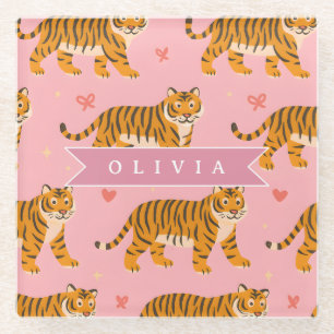 Personalized Pink Tiger Chic Edgy Fun Aesthetic Glass Coaster