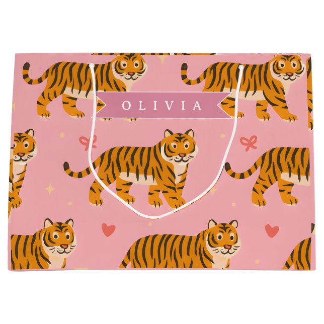 Personalized Pink Tiger Chic Edgy Fun Aesthetic Large Gift Bag (Front)